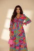 Women's Fashion Print V Neck Long Sleeve Midi Dress