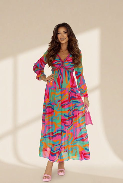 Women's Fashion Print V Neck Long Sleeve Midi Dress