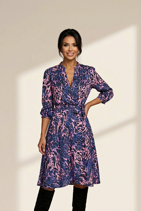 Women's Fashion Print V Neck Long Sleeve Midi Dress