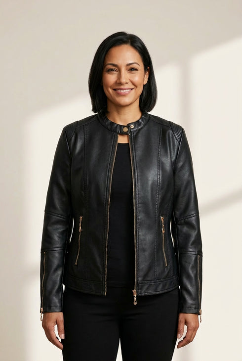 Women's Stand-Up Collar Zipper PU Leather Jacket