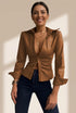 Women's V-Neck Buttoned PU Leather Top with Long Sleeves