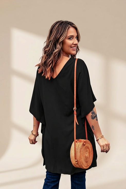 Women's Casual V-Neck Short Sleeve Chiffon Blouse