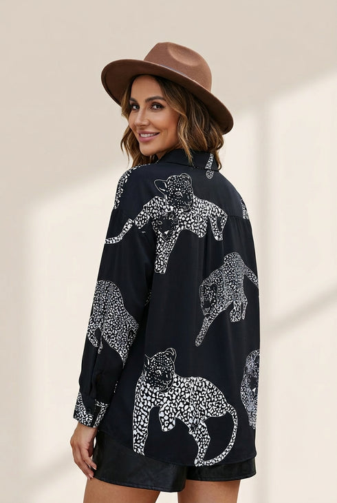 Tempting Printed Lapel Single-Breasted Long-Sleeved Blouse