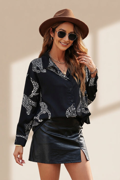 Tempting Printed Lapel Single-Breasted Long-Sleeved Blouse