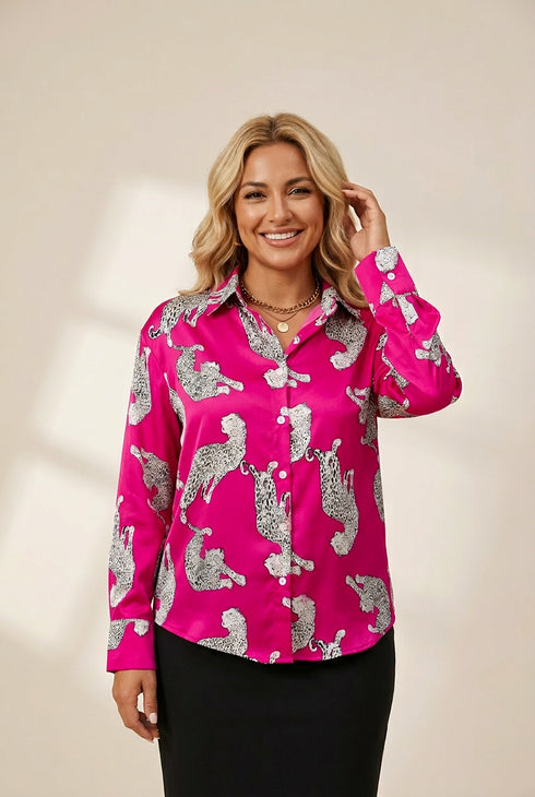 Tempting Printed Lapel Single-Breasted Long-Sleeved Blouse