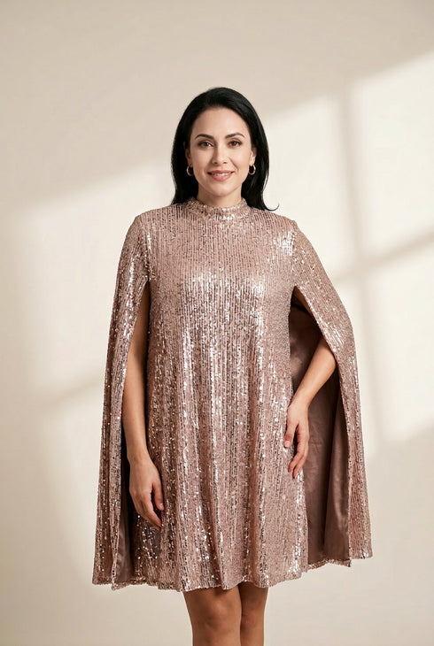 Women's Fashionable Sequin Embellished Party Dress with Elegant Stand-up Collar