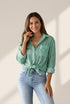 Striped Button Down Roll-up Long Sleeves Point Collar Blouse