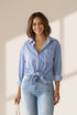 Striped Button Down Roll-up Long Sleeves Point Collar Blouse