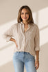 Striped Button Down Roll-up Long Sleeves Point Collar Blouse