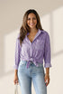 Striped Button Down Roll-up Long Sleeves Point Collar Blouse