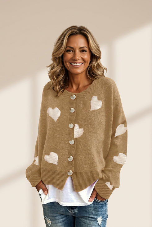 Knit Single-Breasted Heart Cardigan Sweater -Bishop - Barcelet - Closed - Scoop - Jewel