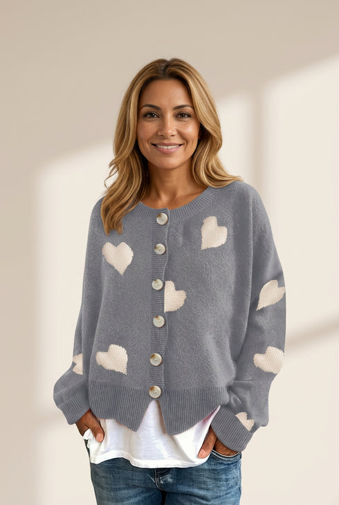 Knit Single-Breasted Heart Cardigan Sweater -Bishop - Barcelet - Closed - Scoop - Jewel