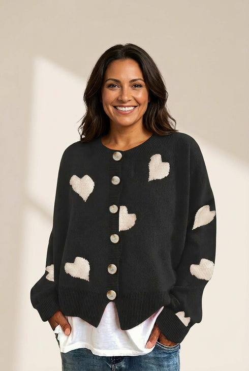 Knit Single-Breasted Heart Cardigan Sweater -Bishop - Barcelet - Closed - Scoop - Jewel
