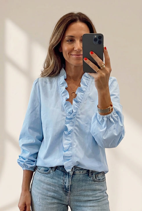Women's Casual Ruffled Trim V Neck Long Sleeve Loose Blouse