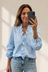 Women's Casual Ruffled Trim V Neck Long Sleeve Loose Blouse