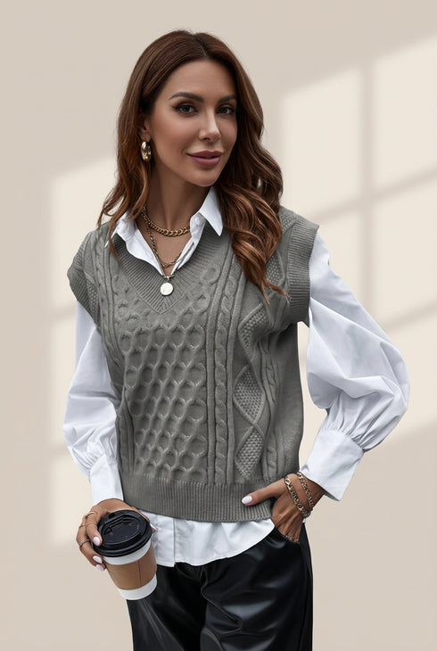 Knit V-Neck Vest Sleeveless Cable Sweater - Bishop - Poet - Halter - Jewel - Closed