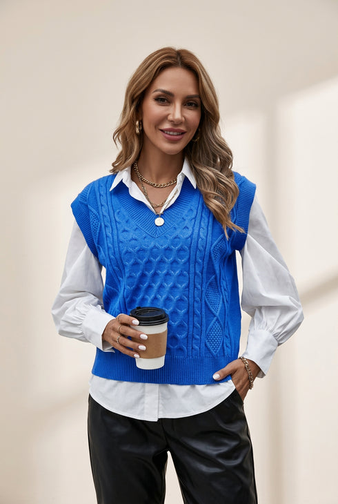 Knit V-Neck Vest Sleeveless Cable Sweater - Bishop - Poet - Halter - Jewel - Closed