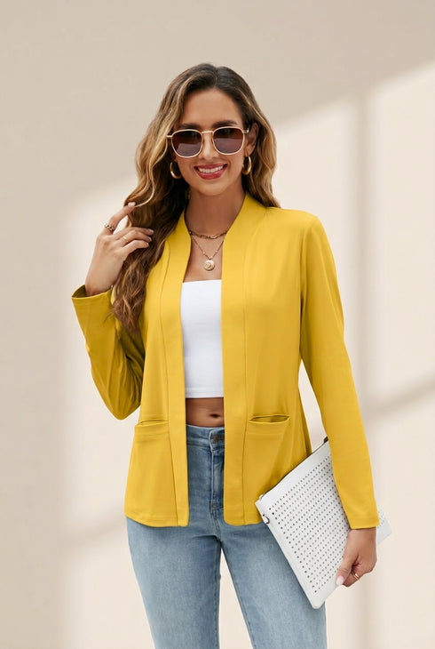 Solid Long Sleeves Pockets Open-Front Versatile Blazer