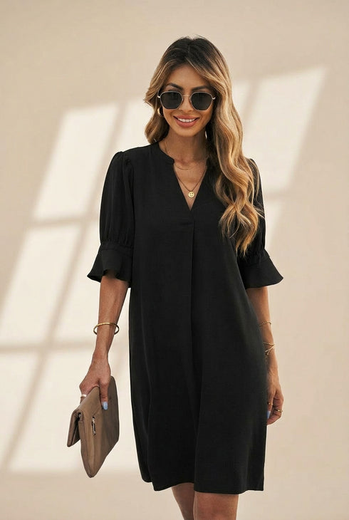 Women's Solid Color Loose V Neck Half Sleeve Mini Dress