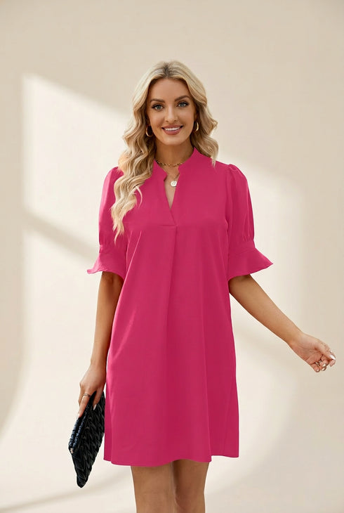Women's Solid Color Loose V Neck Half Sleeve Mini Dress