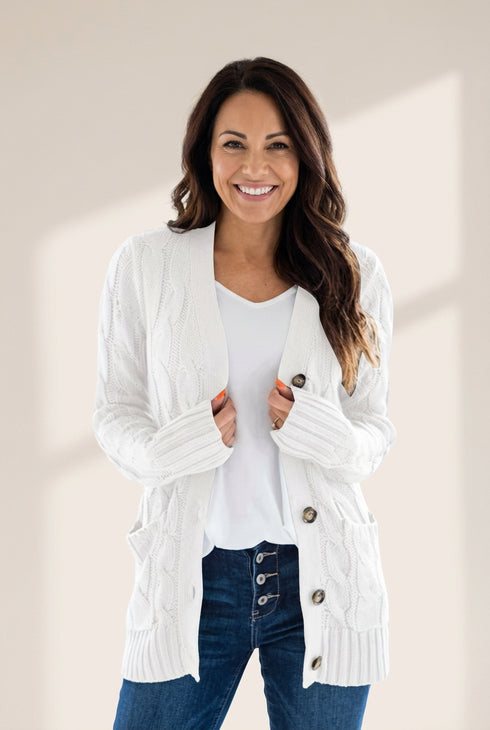 Cozy Cable Knit Button-Front Long Sleeve Cardigan