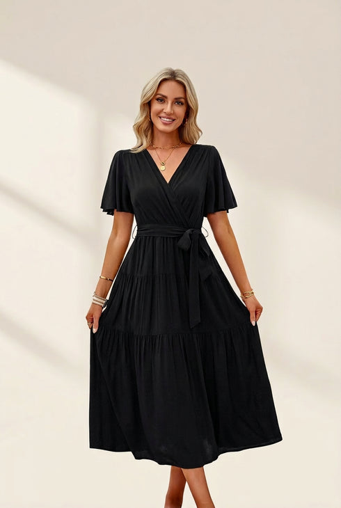 Women's Elegant Belted Tea Length Dress with Short Sleeves