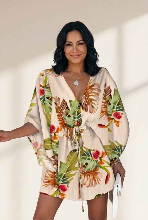 Women's Chic Deep V Neck Printed Mini Dress with Button Detail