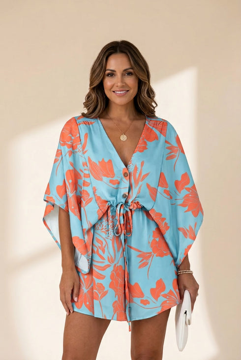 Women's Chic Deep V Neck Printed Mini Dress with Button Detail