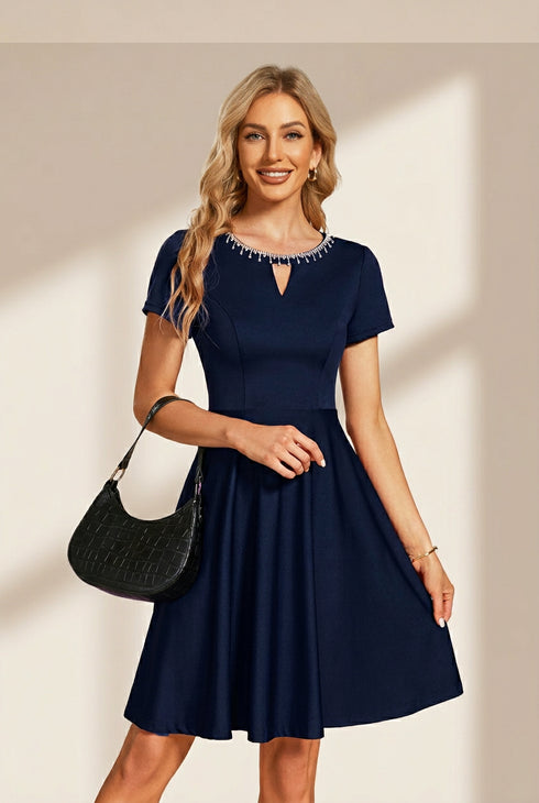 Women's Sparkling Rhinestone Round Neck Mini Homecoming Cocktail Dress