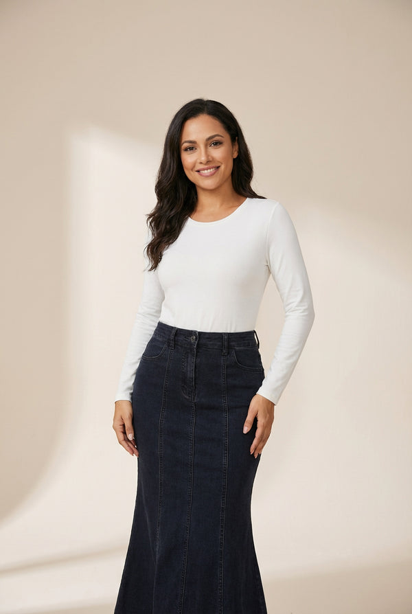 Women's High-Waist Mermaid Denim Midi Skirt with Pintuck Detail