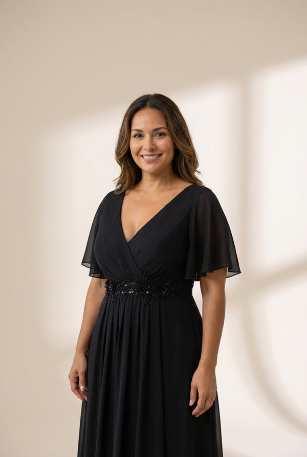 Women's Graceful Plus Size Floral A-Line Chiffon Evening Dress with Short Sleeves