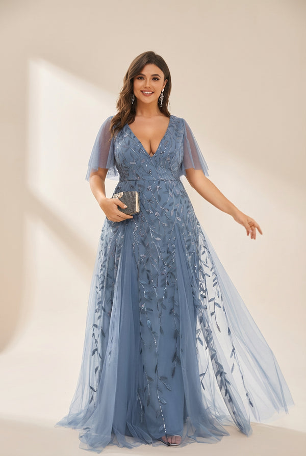 Women's Plus Size V-Neck Embroidered Tulle Evening Gown with Flutter Sleeves
