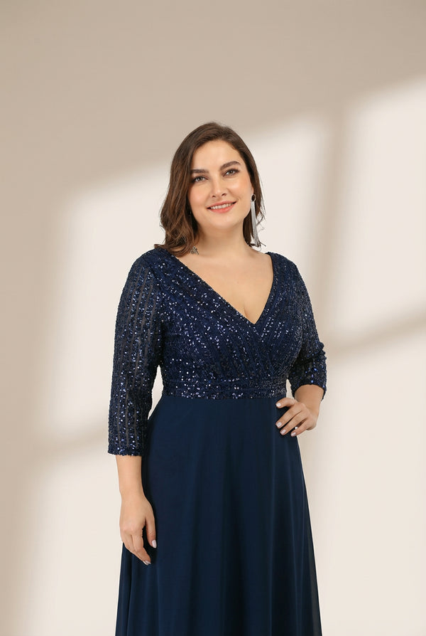 Women's Sleek Plus Size V-Neck Sequin A-Line Formal Evening Gown with 3/4 Sleeves