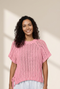 Pink Plus Size Open Knit Bow Tie Short Sleeve Sweater