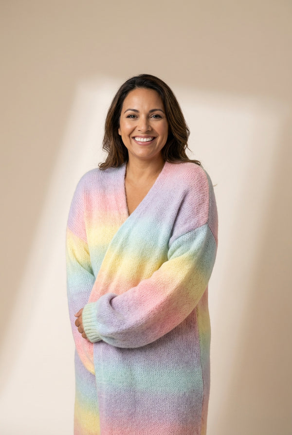 Soft Pastel Rainbow Striped Knit Oversized Cardigan with practical styling and dependable silhouette control.