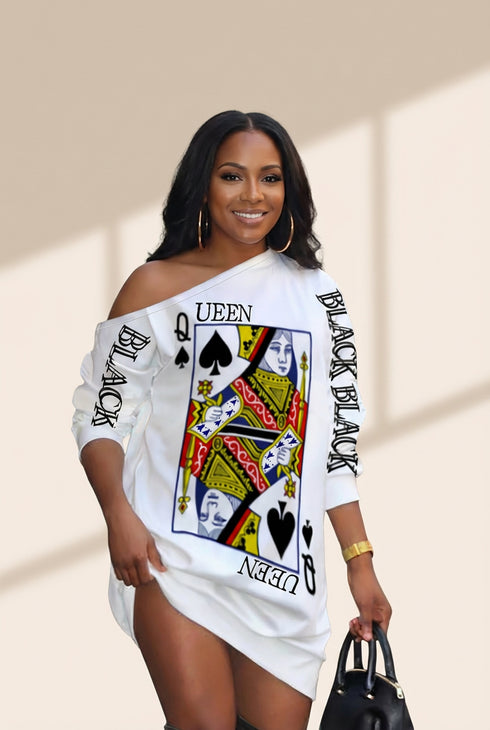 Queen Poker Print Slant Shoulder Shirt Mini Dress