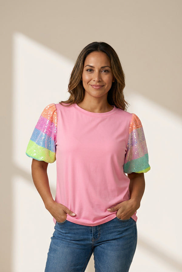 women's rainbow sequin puff sleeve top in bubblegum pink made