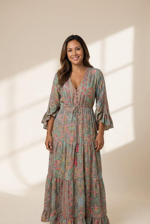 Bohemian Style Floral Printed Long Sleeve Dress with V-Neck and High Waist in Green Size S, M, L