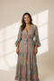 Bohemian Style Floral Printed Long Sleeve Dress with V-Neck and High Waist in Green Size S, M, L