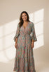 Bohemian Style Floral Printed Long Sleeve Dress with V-Neck and High Waist in Green Size S, M, L