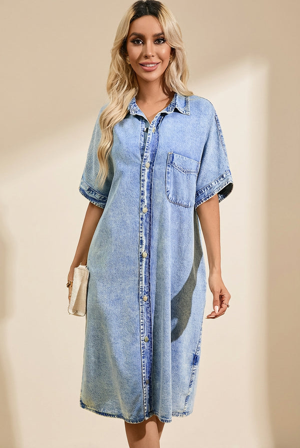 Women's Retro Short Sleeve Denim Midi Shirt Dress