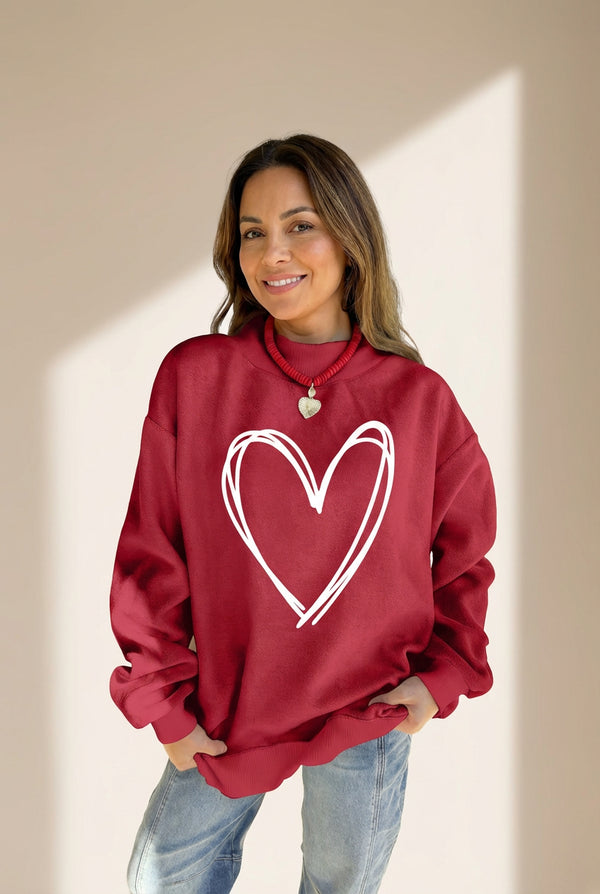 Racing Red Valentines Day Heart Love Script Reversible Printed Double Wear Mock Neck Sweatshirt