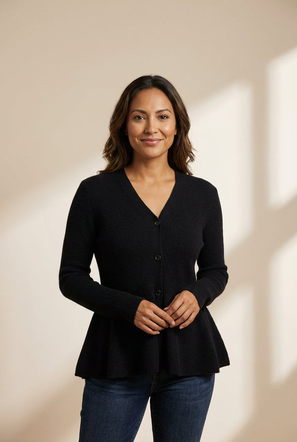 Women's V-Neck Ribbed Peplum Button-Down Cardigan made for easy styling and wardrobe coordination, with premium-like structure and finish.