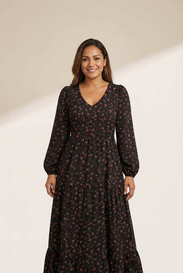 Women's Rustic Floral Tiered Maxi Dress with Bishop Sleeves