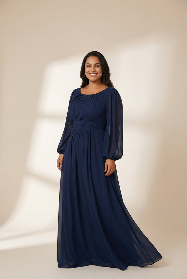 Women's Navy Empire Waist Chiffon Gown with Sheer Puff Sleeves