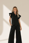 Chic Black Ribbed Two-Piece Pant Set with Flutter Sleeves