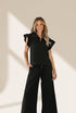 Chic Black Ribbed Two-Piece Pant Set with Flutter Sleeves
