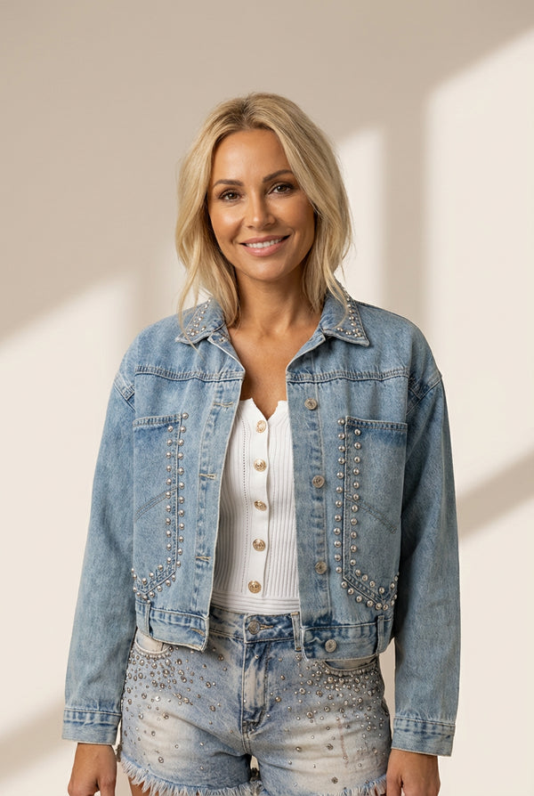 Women's Sky Blue Rhinestone Embellished Denim Shacket