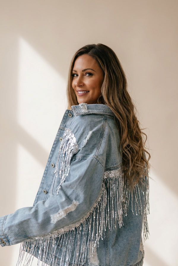 Women's Sky Blue Sequin Fringe Distressed Denim Jacket