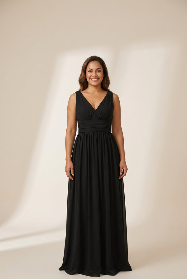 Women's V-Neck Pleated Chiffon Maxi Gown with Empire Waist